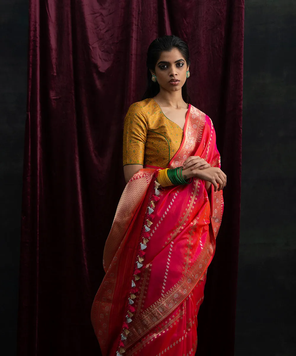 Handloom Pink And Orange Pure Katan Silk Banarasi Saree  with Aada Kadhwa Jangla