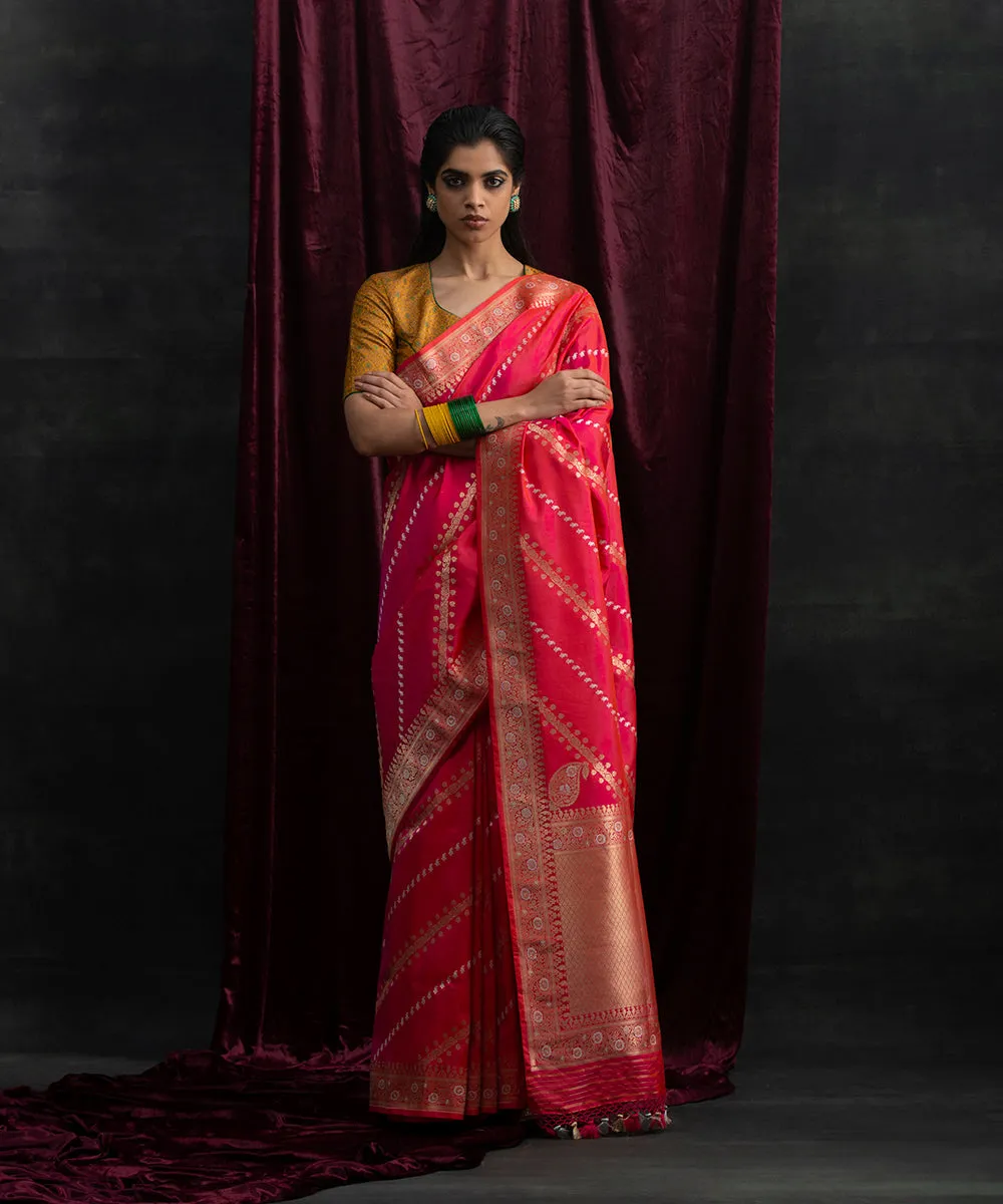 Handloom Pink And Orange Pure Katan Silk Banarasi Saree  with Aada Kadhwa Jangla