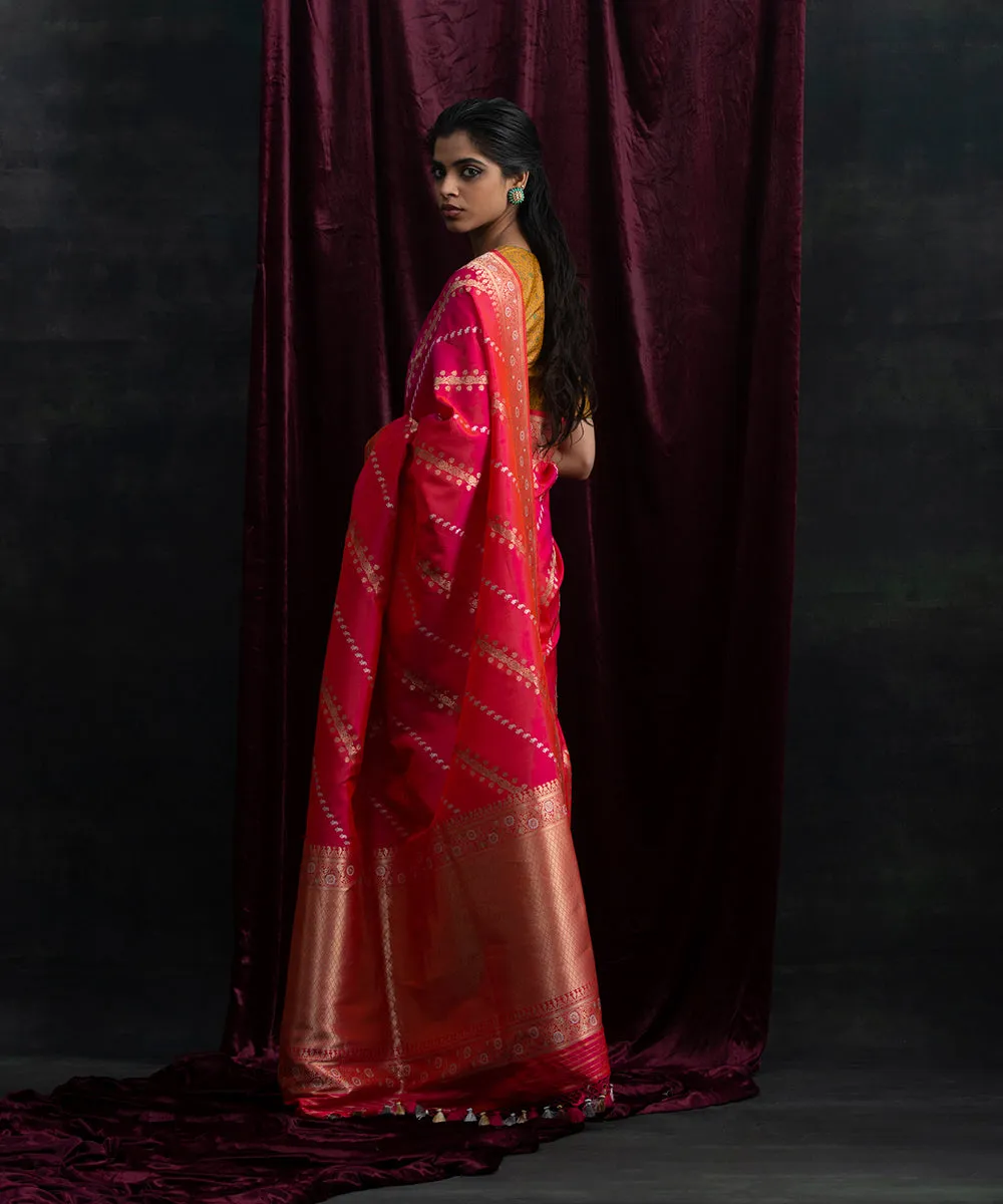 Handloom Pink And Orange Pure Katan Silk Banarasi Saree  with Aada Kadhwa Jangla