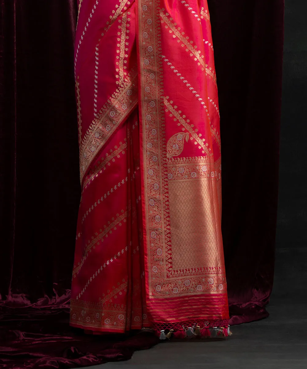 Handloom Pink And Orange Pure Katan Silk Banarasi Saree  with Aada Kadhwa Jangla