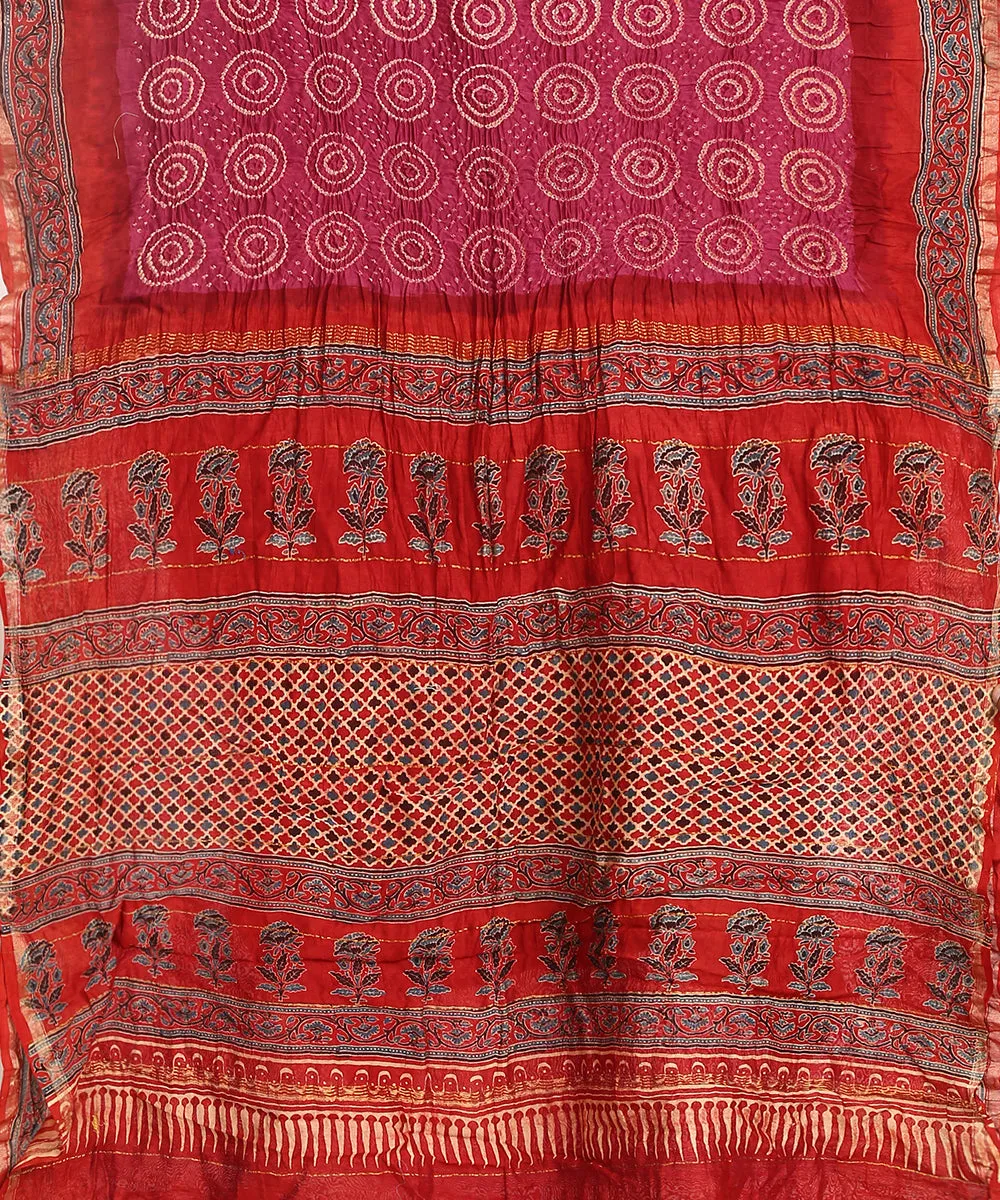 Handloom Red And Pink Maheshwari Silk Bandhani Saree With Hand Block Ajrakh Print