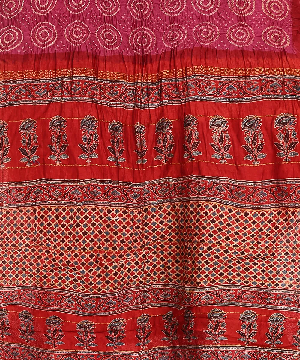 Handloom Red And Pink Maheshwari Silk Bandhani Saree With Hand Block Ajrakh Print