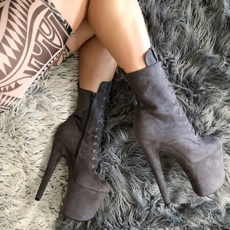 Hella Heels BabyDoll 8-inch Boots, Dark Grey - Shop Now!