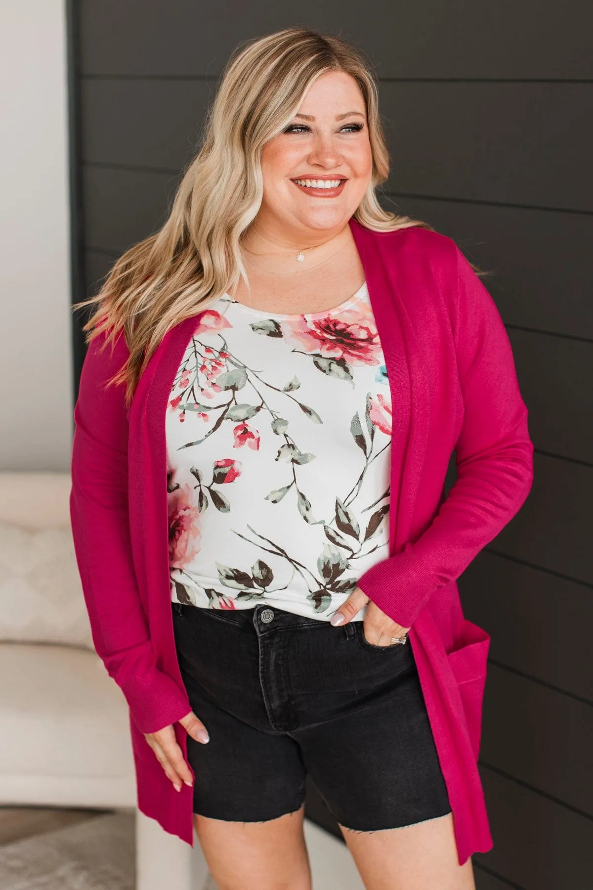 Hot Pink Knit Cardigan with Laughter - Full 