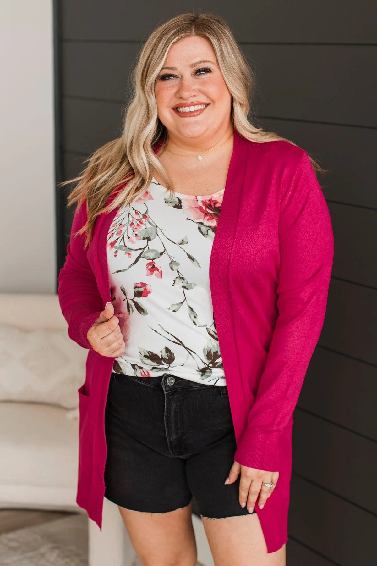 Hot Pink Knit Cardigan with Laughter - Full 