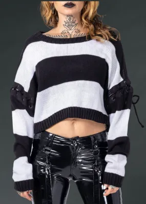 HYPNOSIS BLACK AND WHITE STRIPED CROPPED KNIT SWEATER