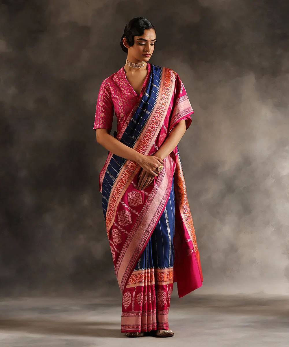 Ink Blue Handloom Pure Katan Silk Banarasi Saree With Pink Kadhiyal Border