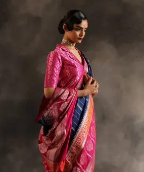 Ink Blue Handloom Pure Katan Silk Banarasi Saree With Pink Kadhiyal Border