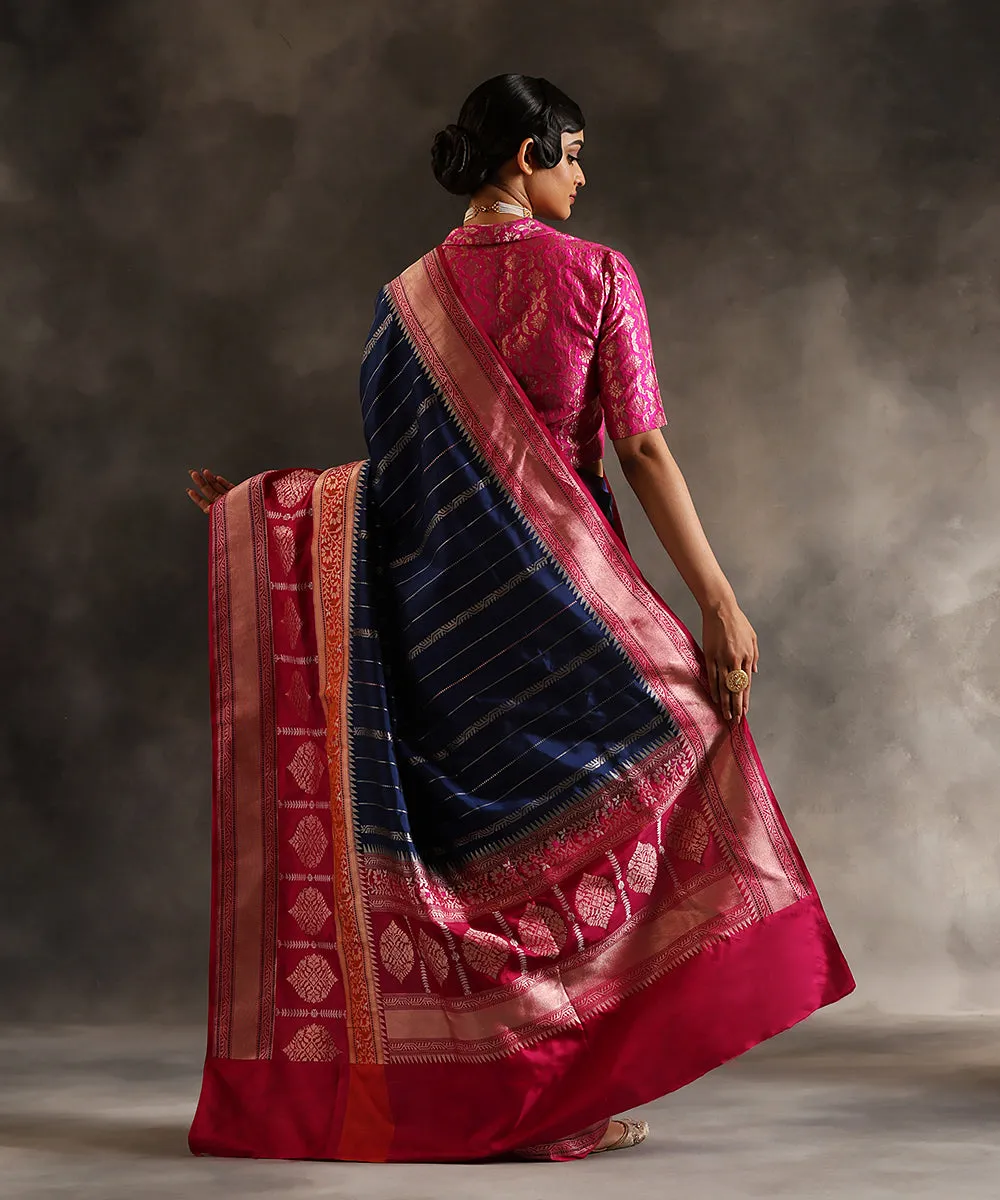 Ink Blue Handloom Pure Katan Silk Banarasi Saree With Pink Kadhiyal Border