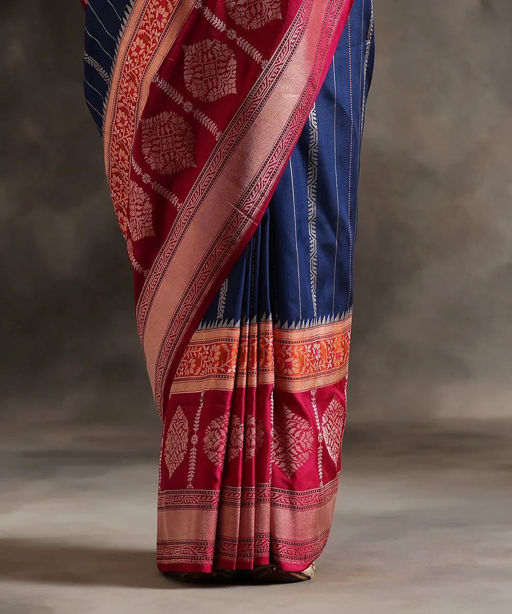 Ink Blue Handloom Pure Katan Silk Banarasi Saree With Pink Kadhiyal Border