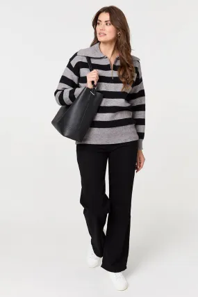 Izabel London – Striped Zip Neck Collared Pullover