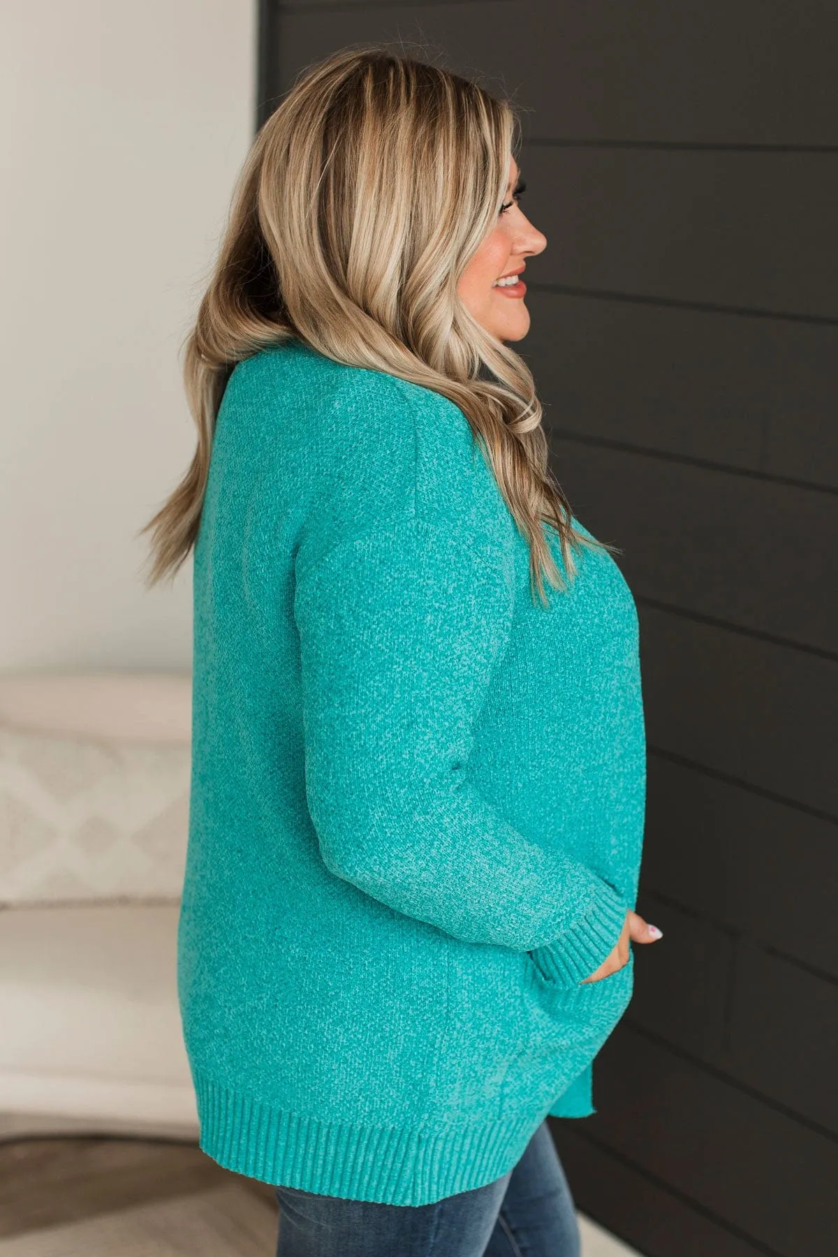 Knit Cardigan in Turquoise color for Cuddling Up