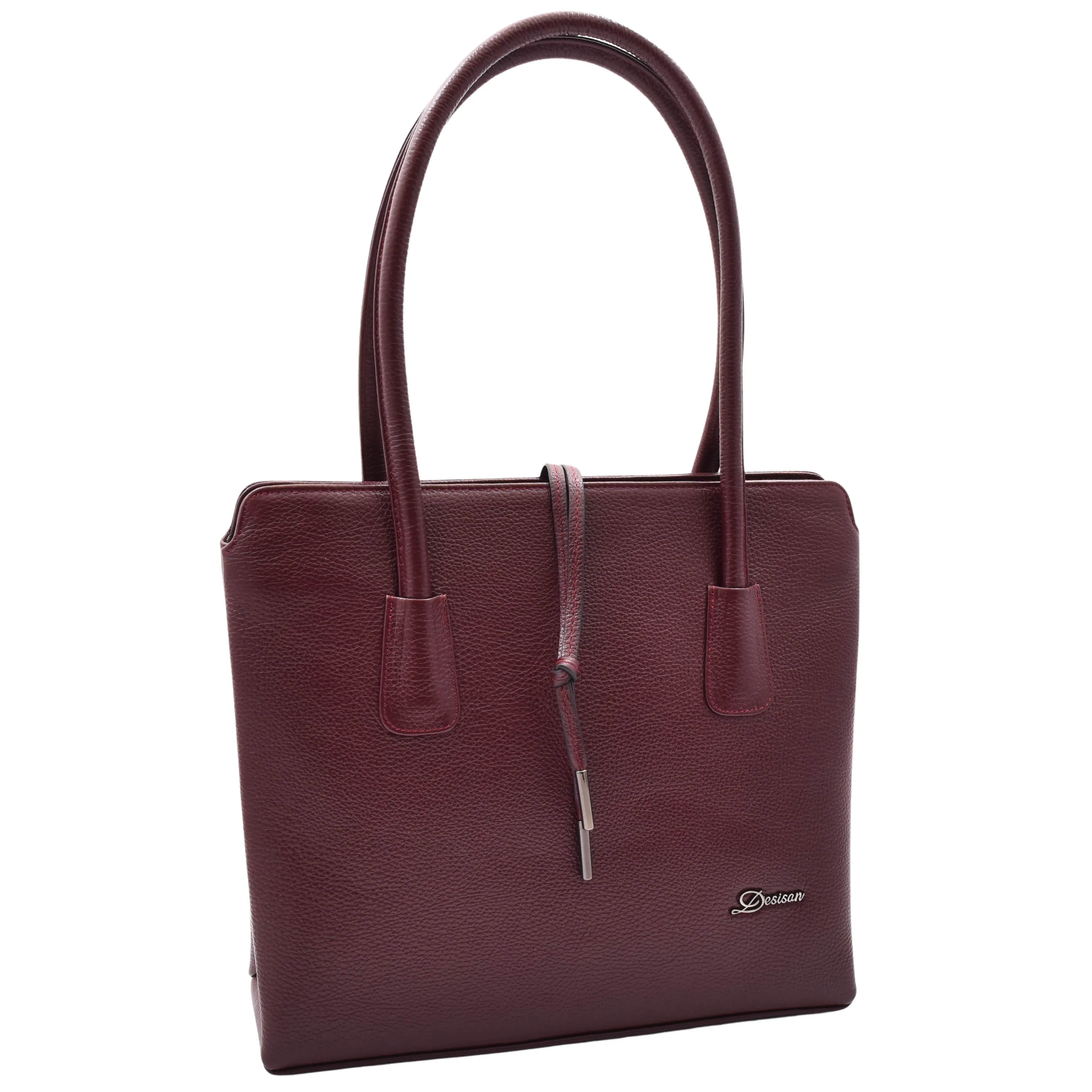 Leather Classic Tote Style Zip Opening Large Shoulder Bag CYNTHIA Burgundy