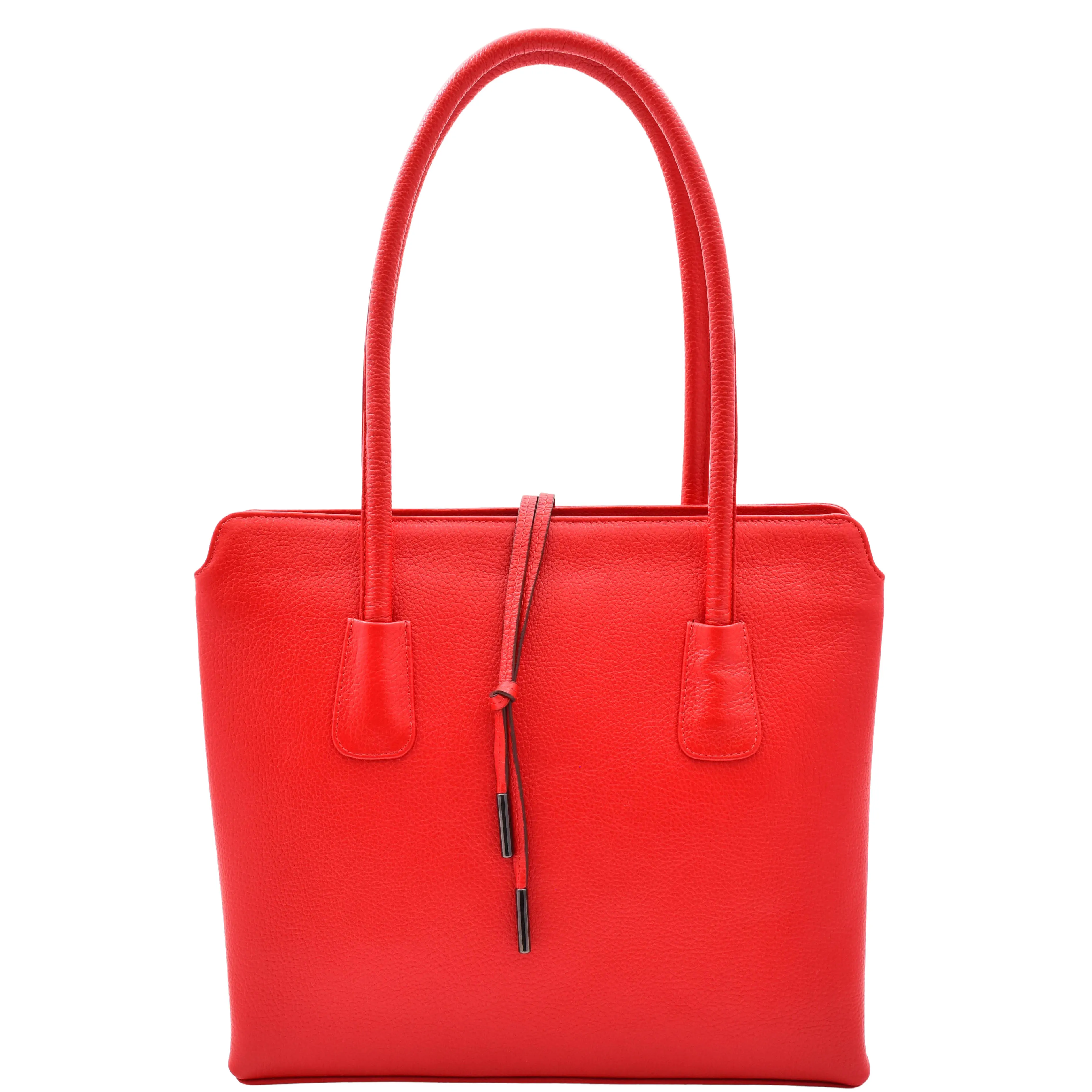 Leather Classic Tote Style Zip Opening Large Shoulder Bag CYNTHIA Red