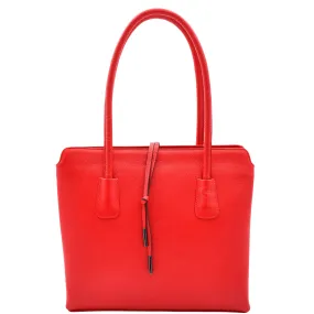 Leather Classic Tote Style Zip Opening Large Shoulder Bag CYNTHIA Red