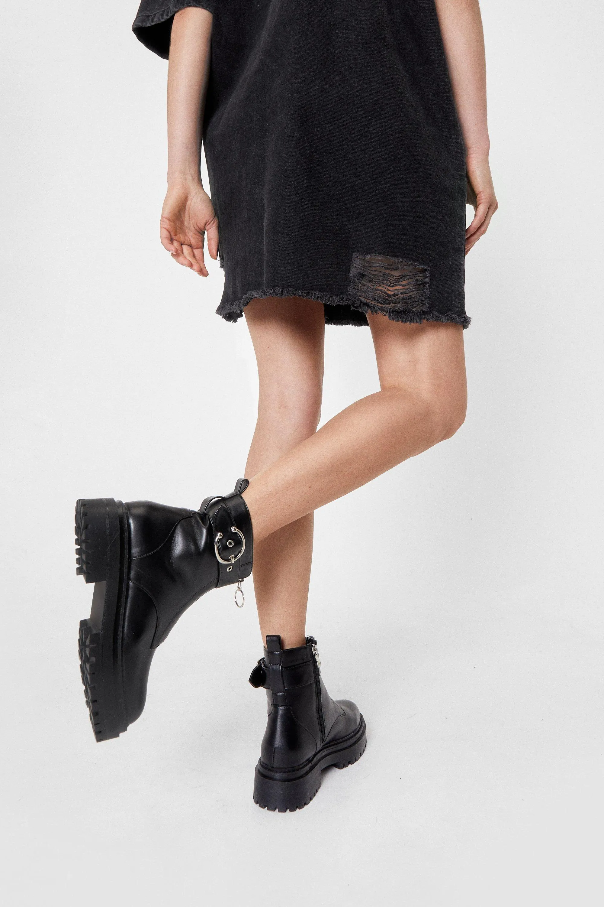 Low Heel Buckled Biker Boots