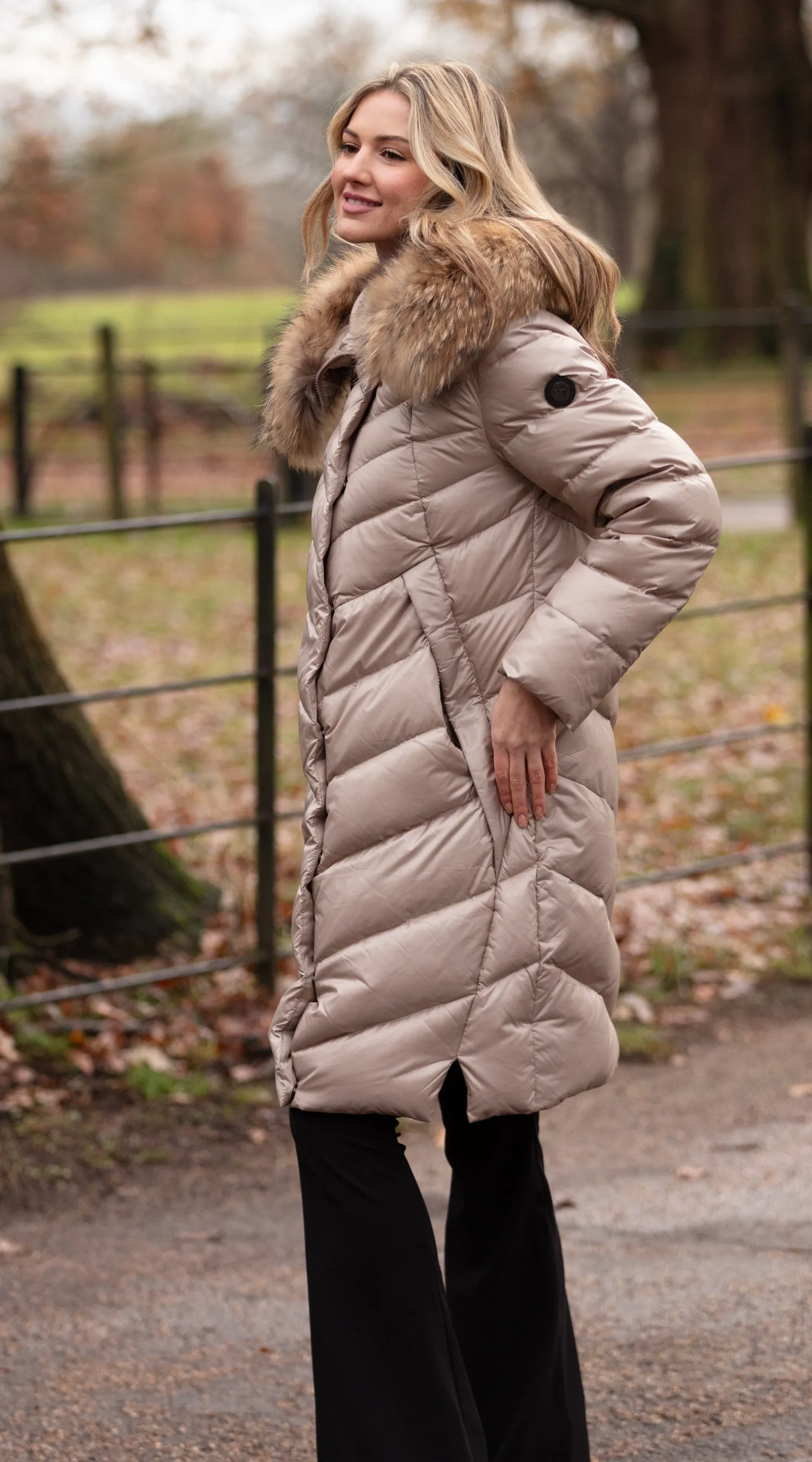 Luxy Midi Water-Repellent Down Jacket - Taupe/Natural