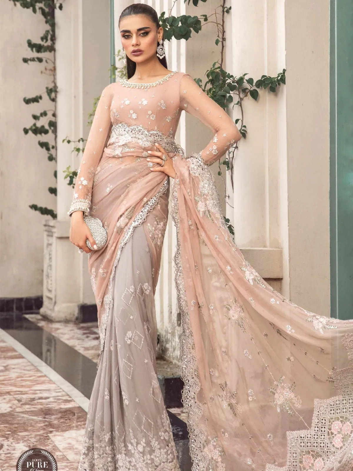 Maria.B Unstitched Chiffon Embroidered Saree MPC-23-105 Peach And Grey