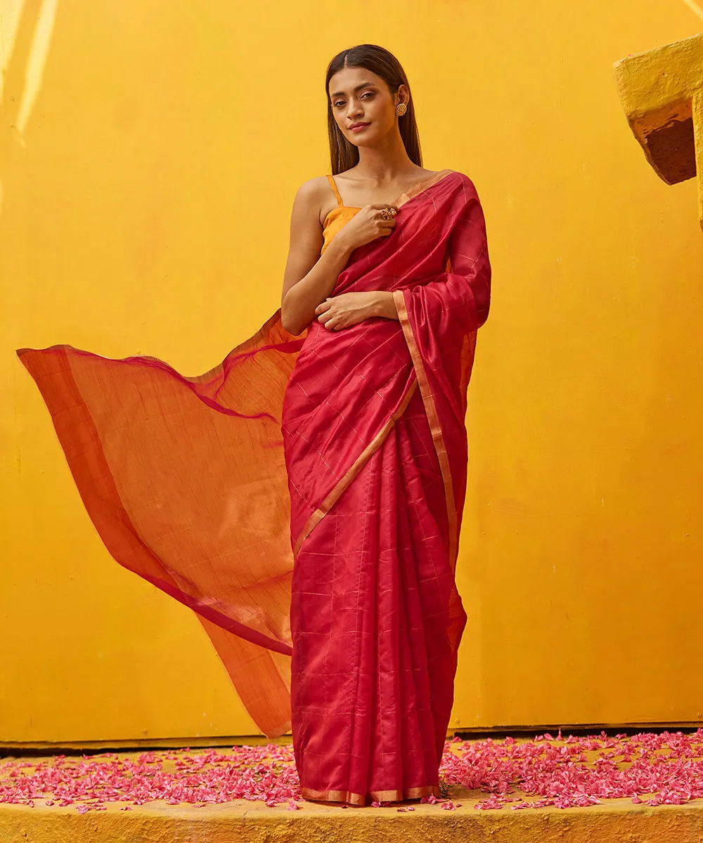 Maroon Handloom Pure Chanderi Silk Saree With Zari Checks