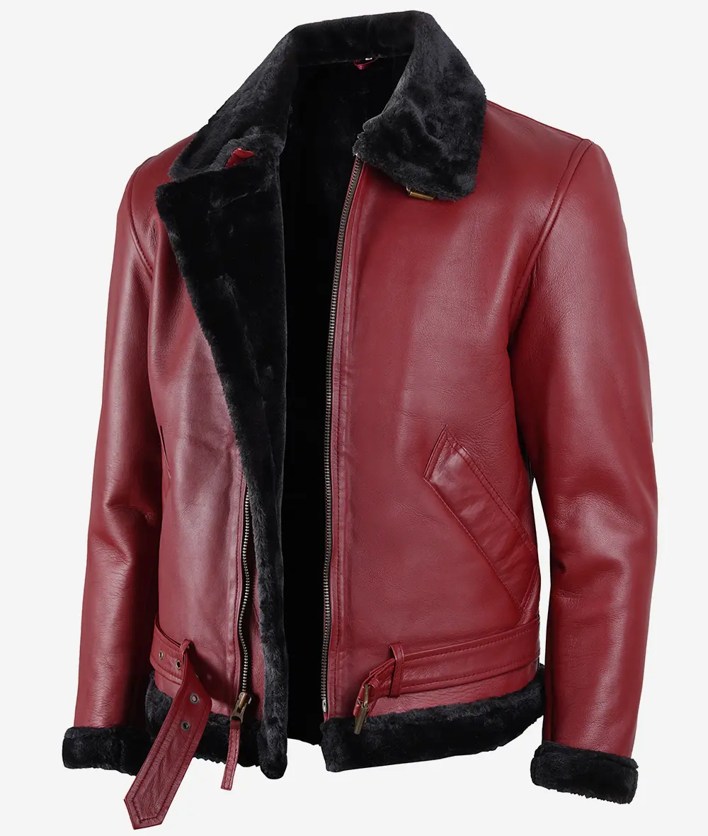 Men's Maroon Leather Bomber Jacket With Shearling - Belted Waist