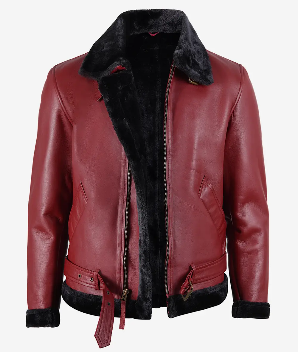 Men's Maroon Leather Bomber Jacket With Shearling - Belted Waist