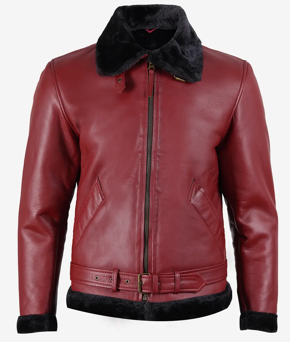 Men's Maroon Leather Bomber Jacket With Shearling - Belted Waist