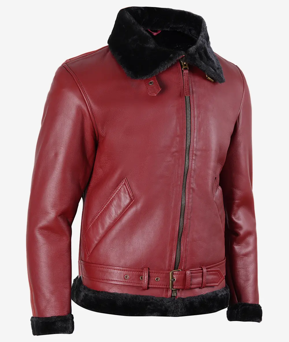 Men's Maroon Leather Bomber Jacket With Shearling - Belted Waist