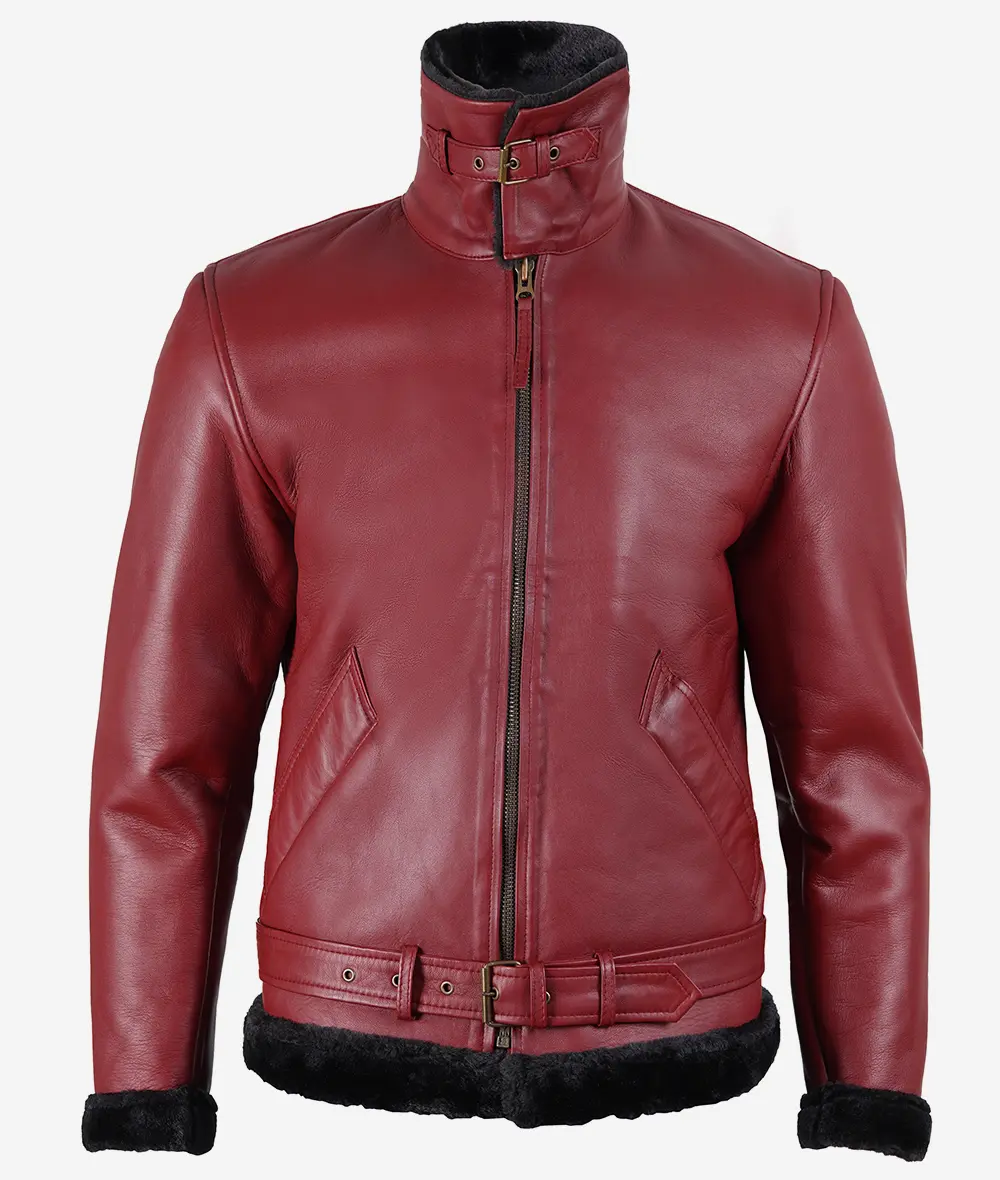 Men's Maroon Leather Bomber Jacket With Shearling - Belted Waist