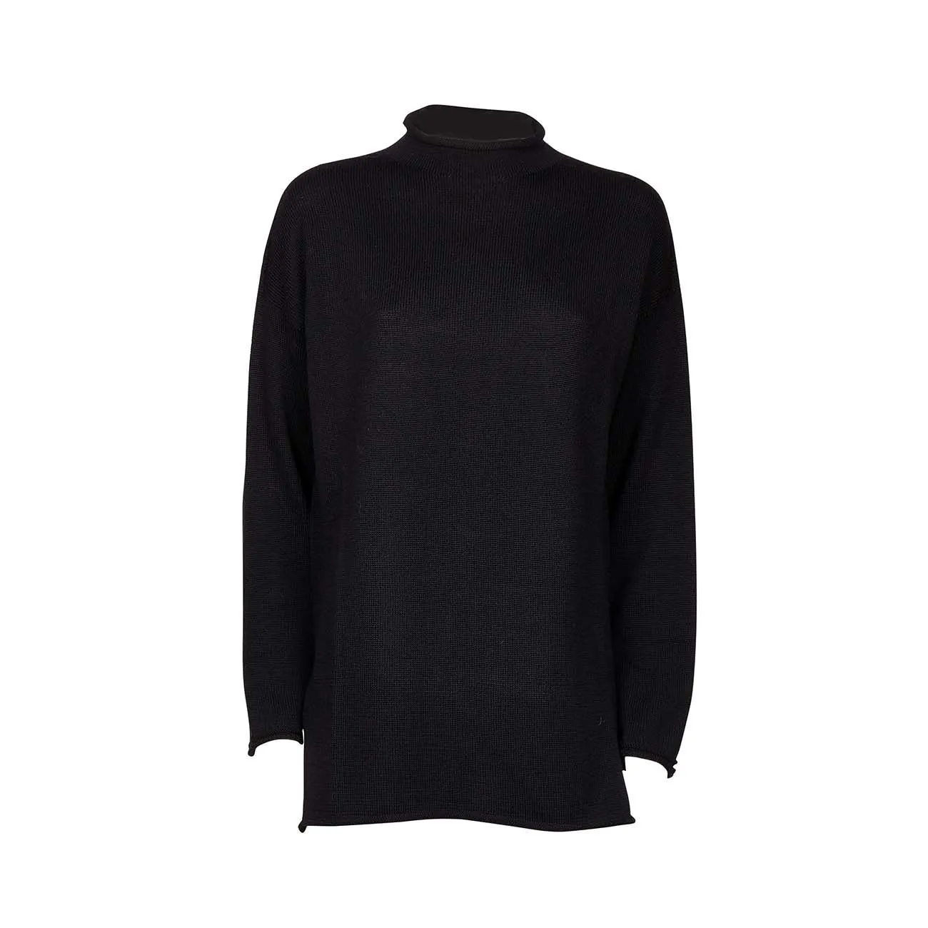 Merino wool black women's turtleneck sweater with slit