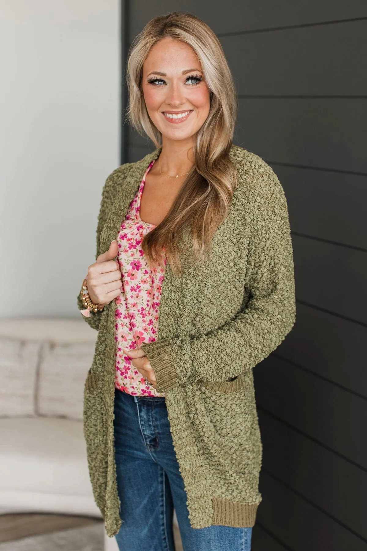 Movie Date Popcorn Cardigan - Army Green - $X.XX