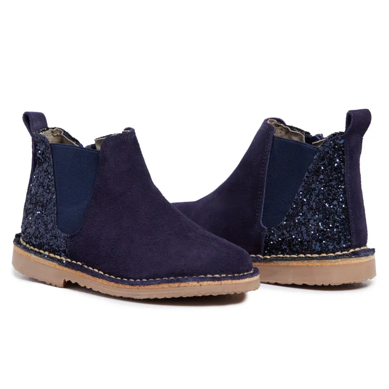 Navy Glitter Suede Chelsea Boots.