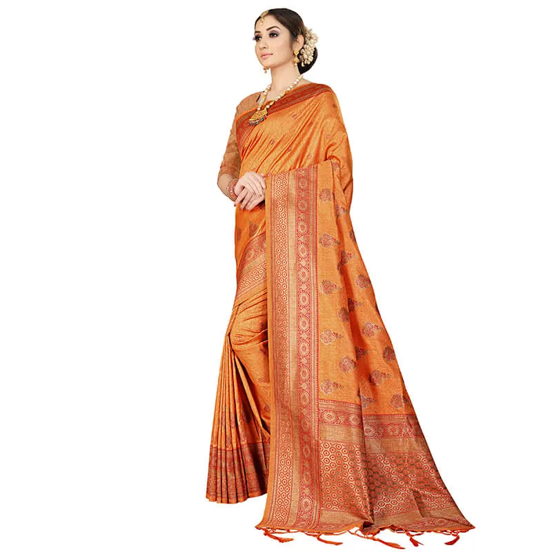 Orange And Red Paisley Pattern Zari Jacquard Borderd Art Tussar Silk Premium Saree With Tassels