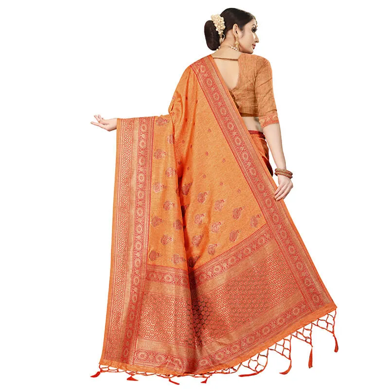 Orange And Red Paisley Pattern Zari Jacquard Borderd Art Tussar Silk Premium Saree With Tassels