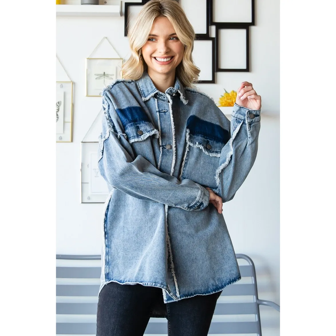 Peace Out Denim Jacket - Sale Now! Oversized Patched Long Denim Jacket with Button Down & Peace Sign Emblem. Click to Buy.