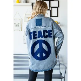 Peace Out Denim Jacket - Sale Now! Oversized Patched Long Denim Jacket with Button Down & Peace Sign Emblem. Click to Buy.