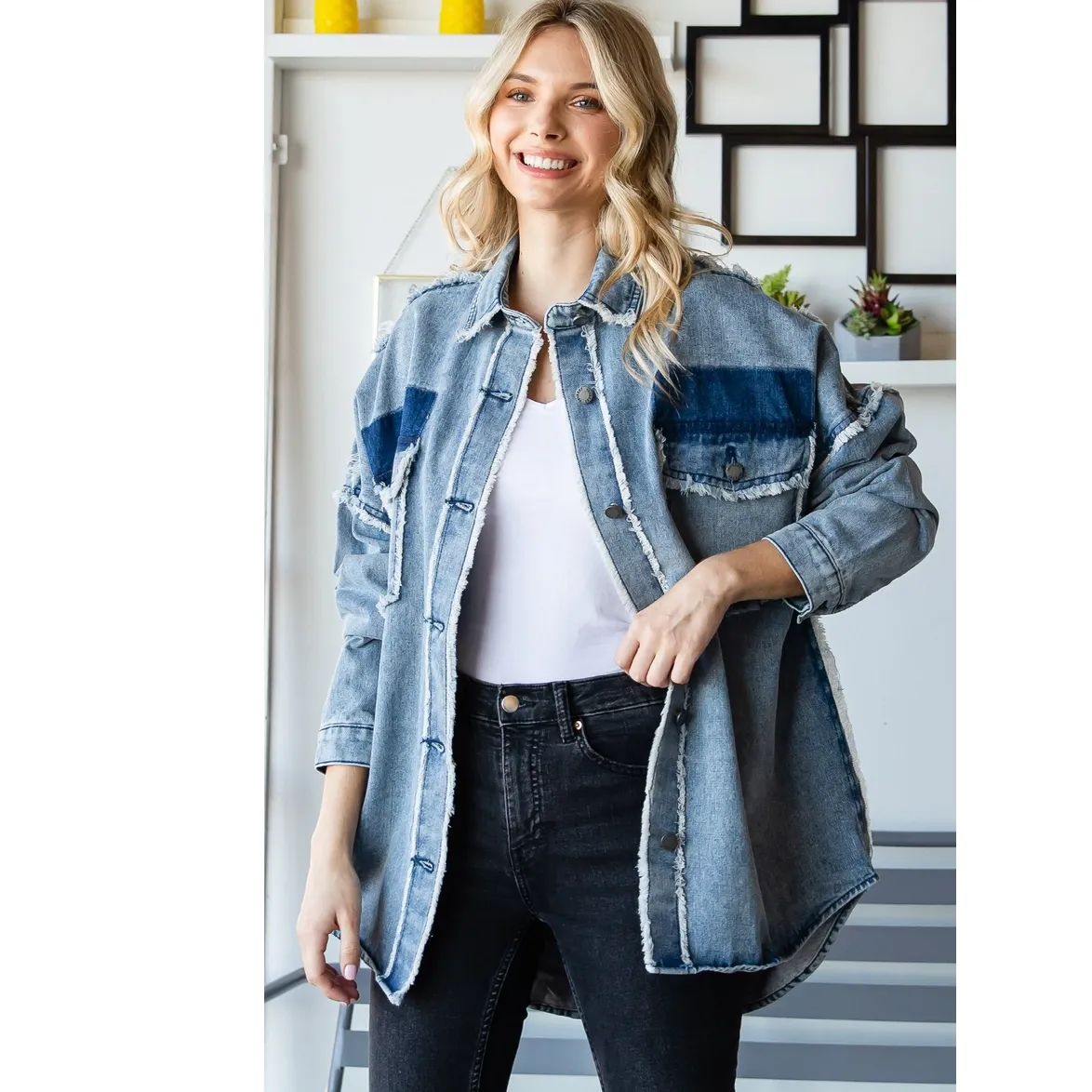 Peace Out Denim Jacket - Sale Now! Oversized Patched Long Denim Jacket with Button Down & Peace Sign Emblem. Click to Buy.