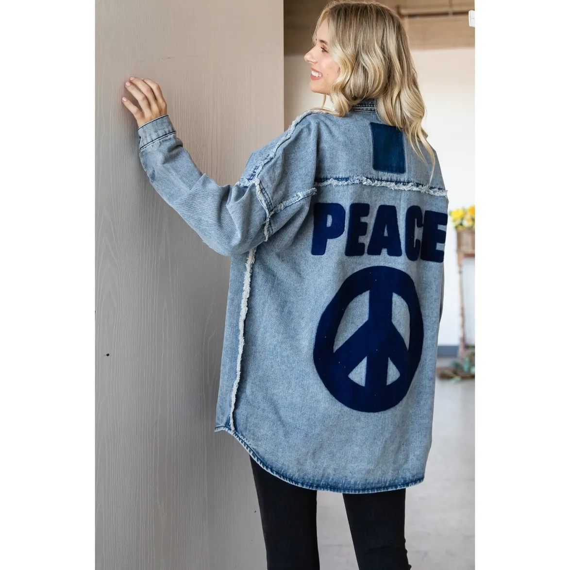 Peace Out Denim Jacket - Sale Now! Oversized Patched Long Denim Jacket with Button Down & Peace Sign Emblem. Click to Buy.