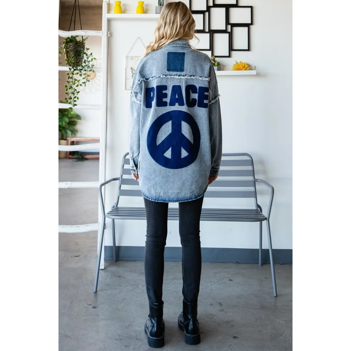 Peace Out Denim Jacket - Sale Now! Oversized Patched Long Denim Jacket with Button Down & Peace Sign Emblem. Click to Buy.