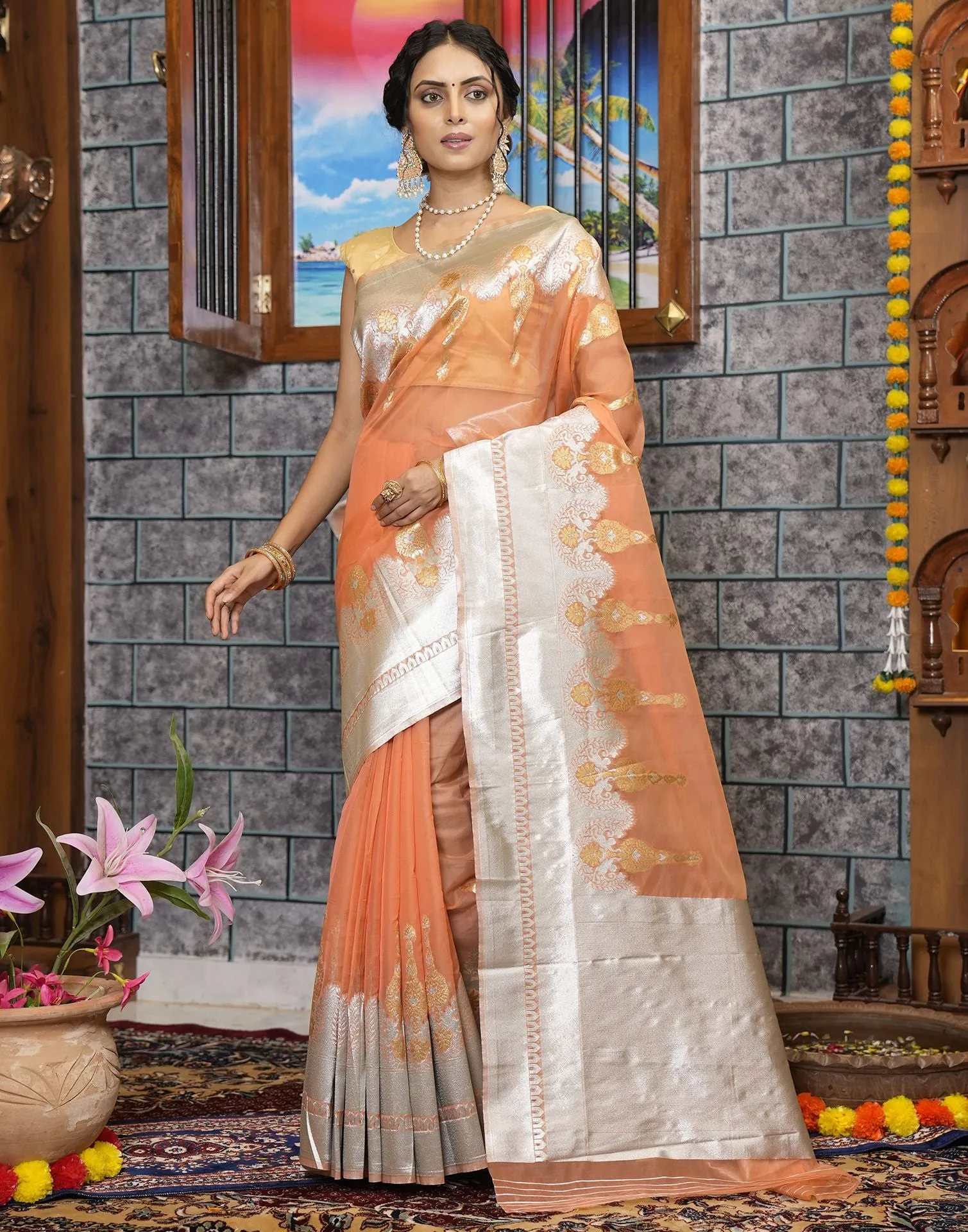 Peach Organza Saree