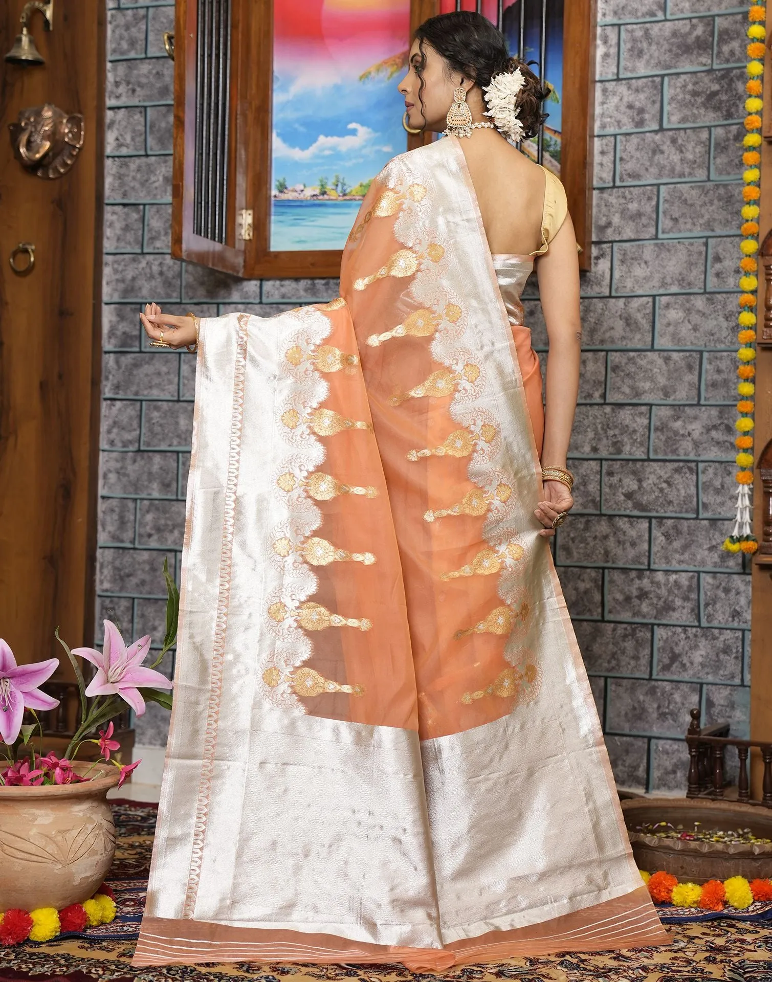 Peach Organza Saree