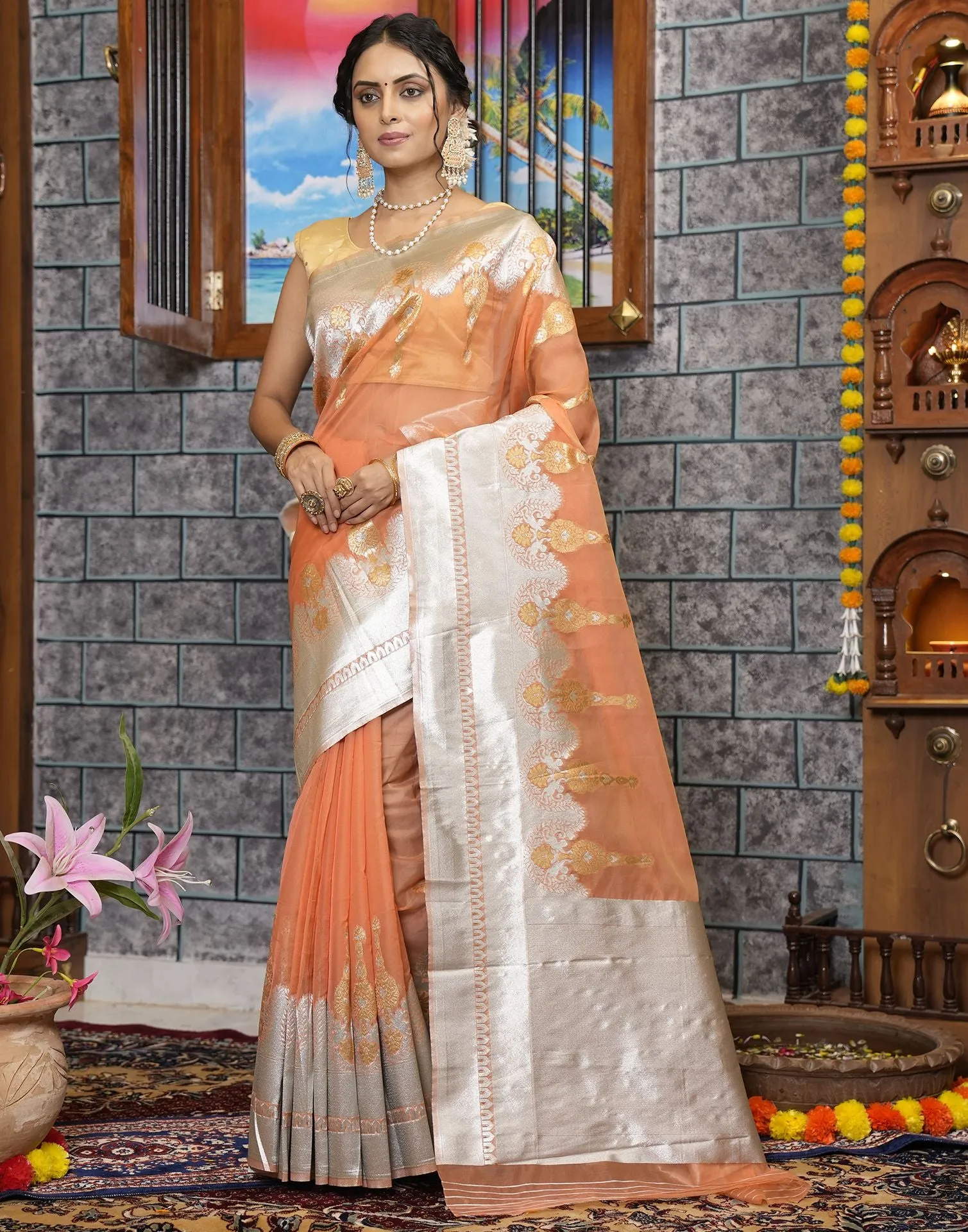 Peach Organza Saree