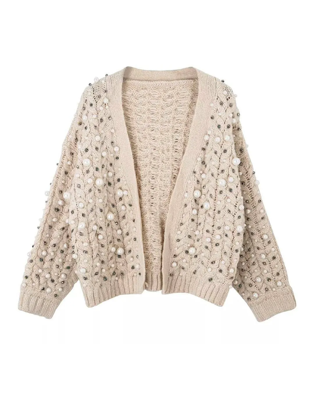 Pearl Cable Knit Cardigan with Trim