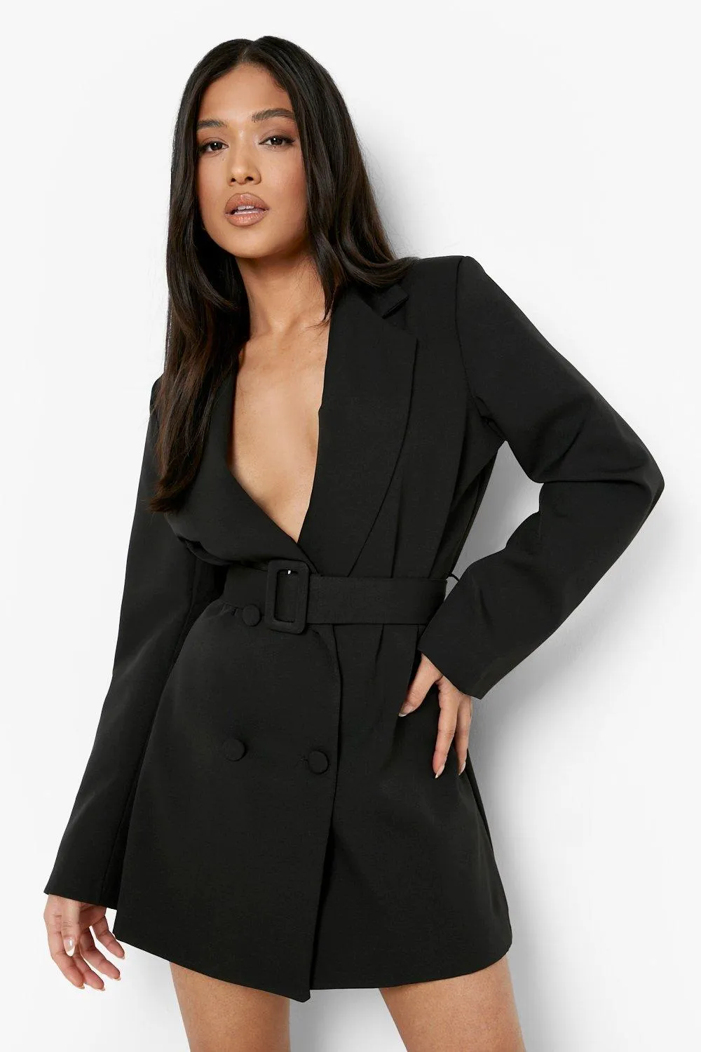 Petite Self Belt Button Detail Blazer Dress