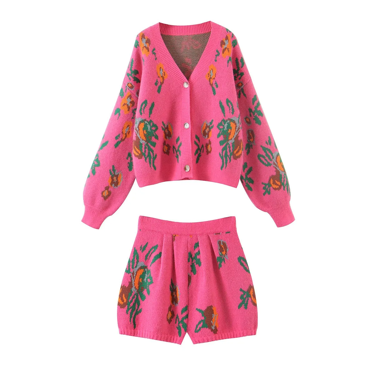 Pink Floral Knit Cardigan Set