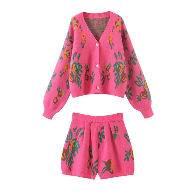 Pink Floral Knit Cardigan Set