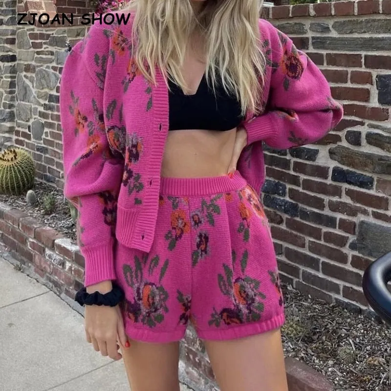 Pink Floral Knit Cardigan Set