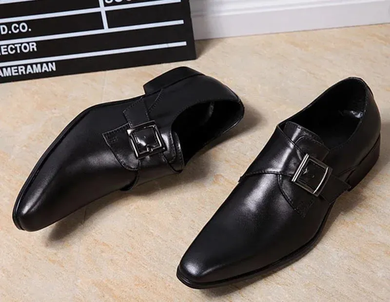 Pointed Toe Leather Dress Shoes with Buckle Detail for Men