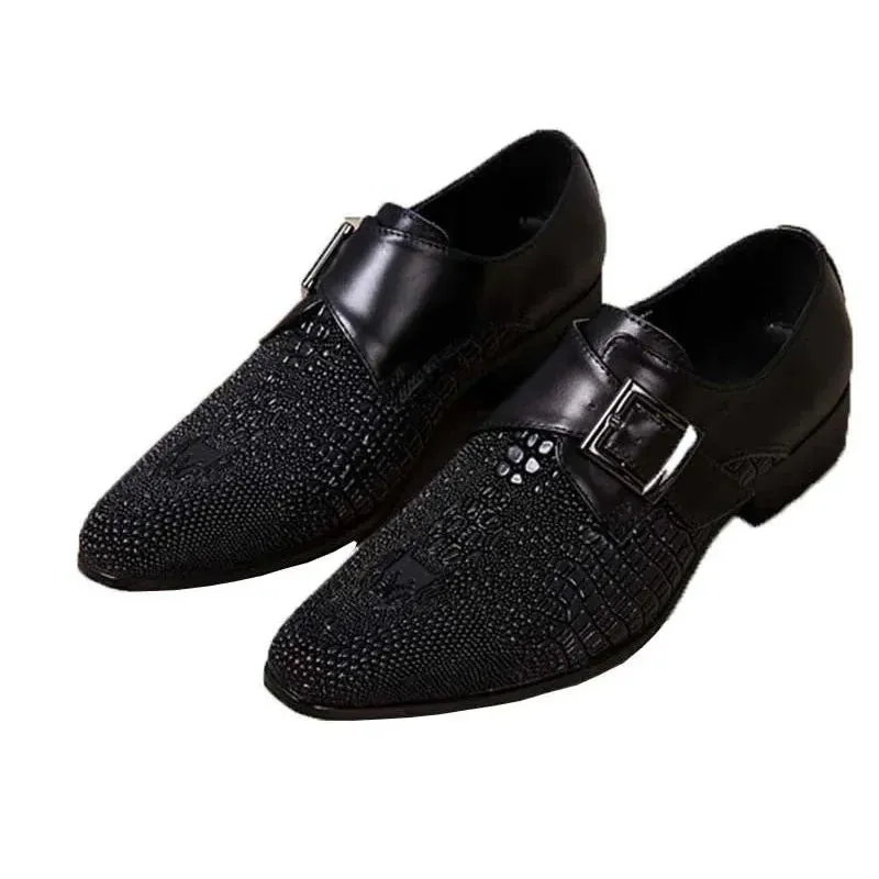 Pointed Toe Leather Dress Shoes with Buckle Detail for Men