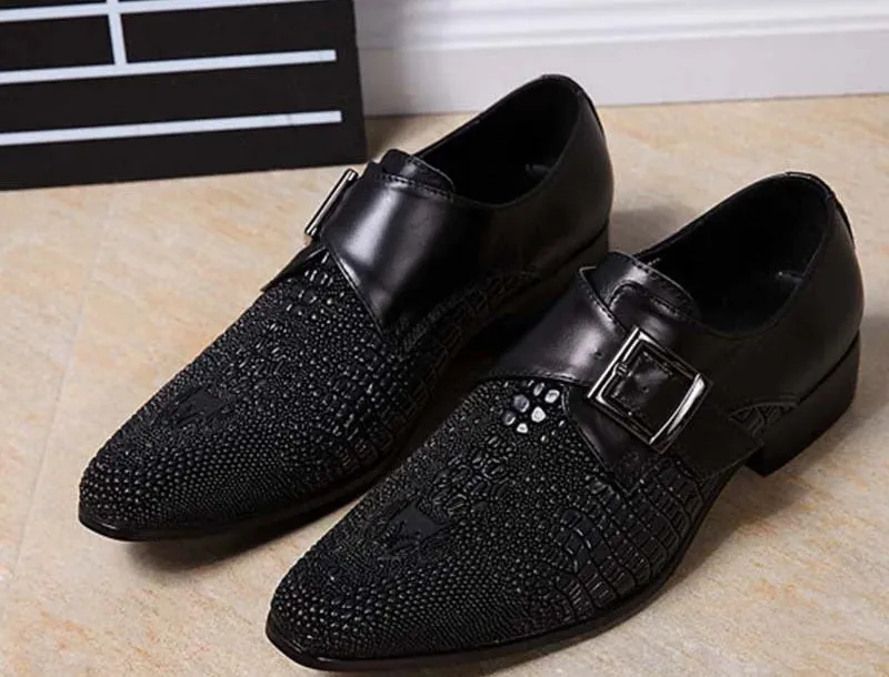 Pointed Toe Leather Dress Shoes with Buckle Detail for Men