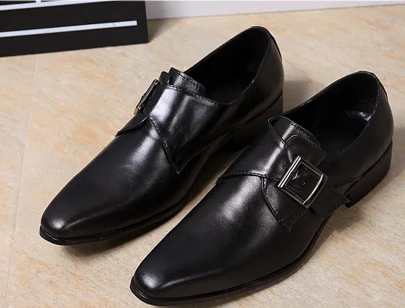 Pointed Toe Leather Dress Shoes with Buckle Detail for Men